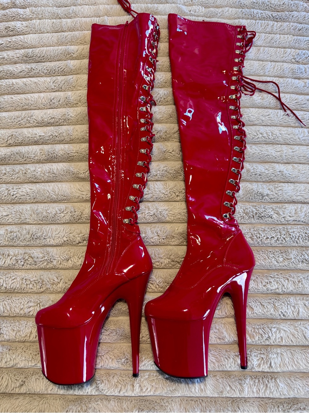 Red Shiny Pleaser Flamingo 3063 Patent Lace-Up Platform Thigh-High Boots